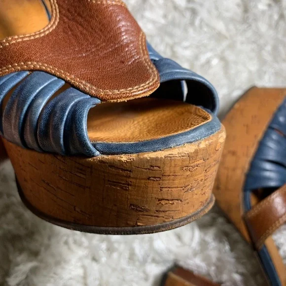 Chie Mihara Blue and Brown Cork Platform Heels Anthropologie - Picture 6 of 7